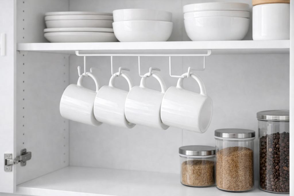 Under-Shelf Mug Holder Rack for Kitchen Cabinet Storage Under-shelf mug holder rack hanging white coffee mugs beneath a kitchen cabinet shelf to maximize cabinet storage space