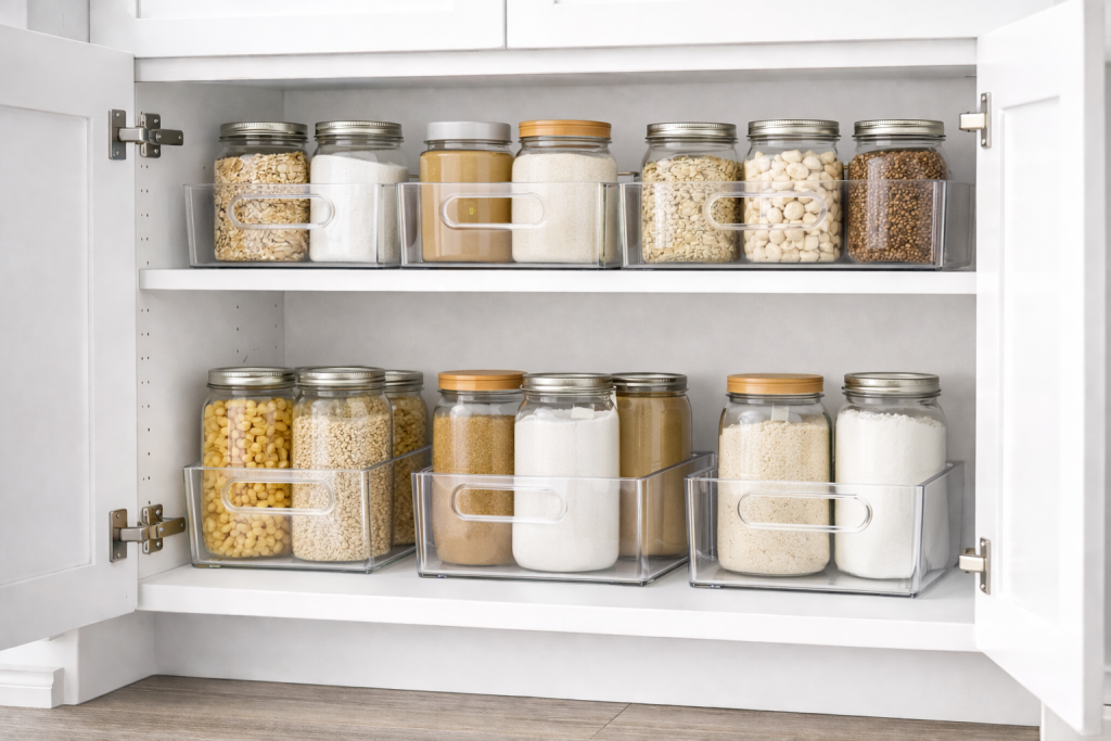 Clear storage bins inside a kitchen cabinet holding glass jars of oats, flour, sugar, and grains for organized pantry storage