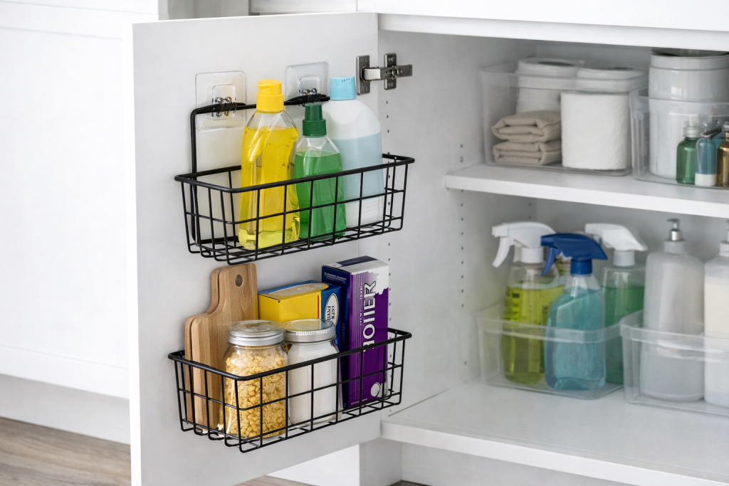 Cabinet Door Storage Rack for Kitchen Organization Black wire cabinet door storage racks mounted inside a kitchen cabinet door holding cutting boards, jars, and cleaning supplies for extra storage