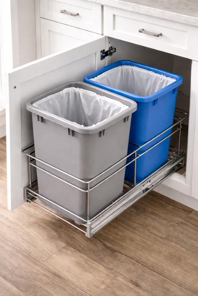 Pull-Out Trash and Recycling Cabinet Organizer Pull-out kitchen cabinet trash and recycling system with two clean bins on sliding rails inside a white cabinet for hidden waste storage