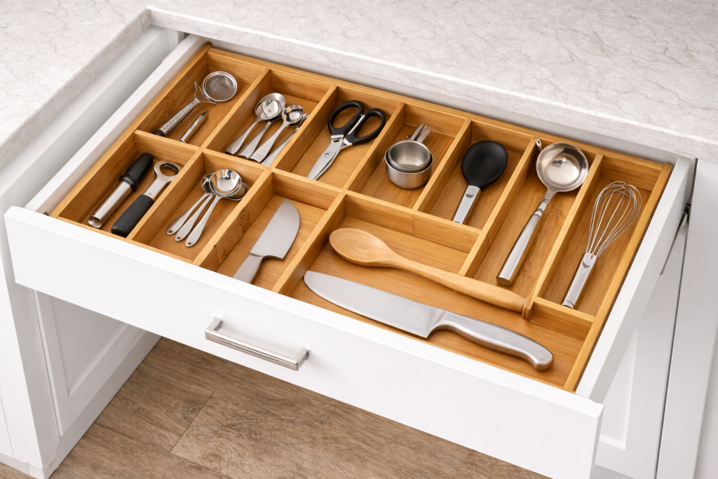 Bamboo Kitchen Drawer Organizer with Adjustable Compartments Bamboo kitchen drawer organizer with adjustable compartments neatly holding cooking utensils and silverware inside a white kitchen drawer