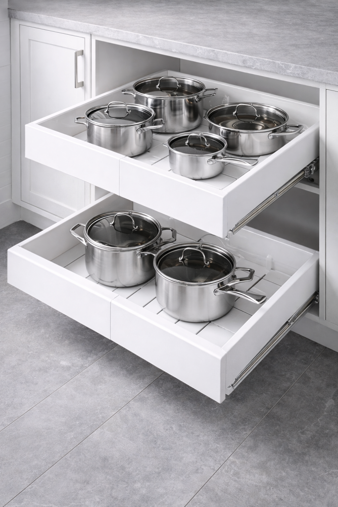 Pull-Out Cabinet Drawers for Pots and Pans Storage Pull-out kitchen cabinet drawers organizing pots and pans for easy access and maximum cabinet storage