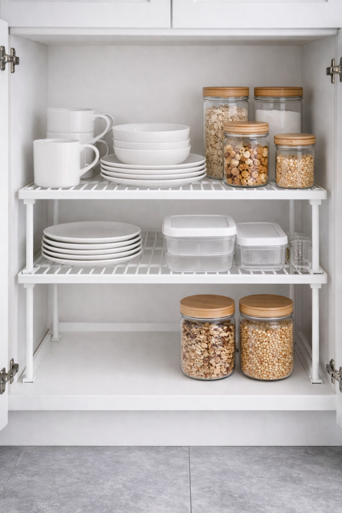 Stackable Cabinet Organizer Shelves for Kitchen Storage Stackable kitchen cabinet organizer shelves creating extra storage space for plates, bowls, and pantry jars