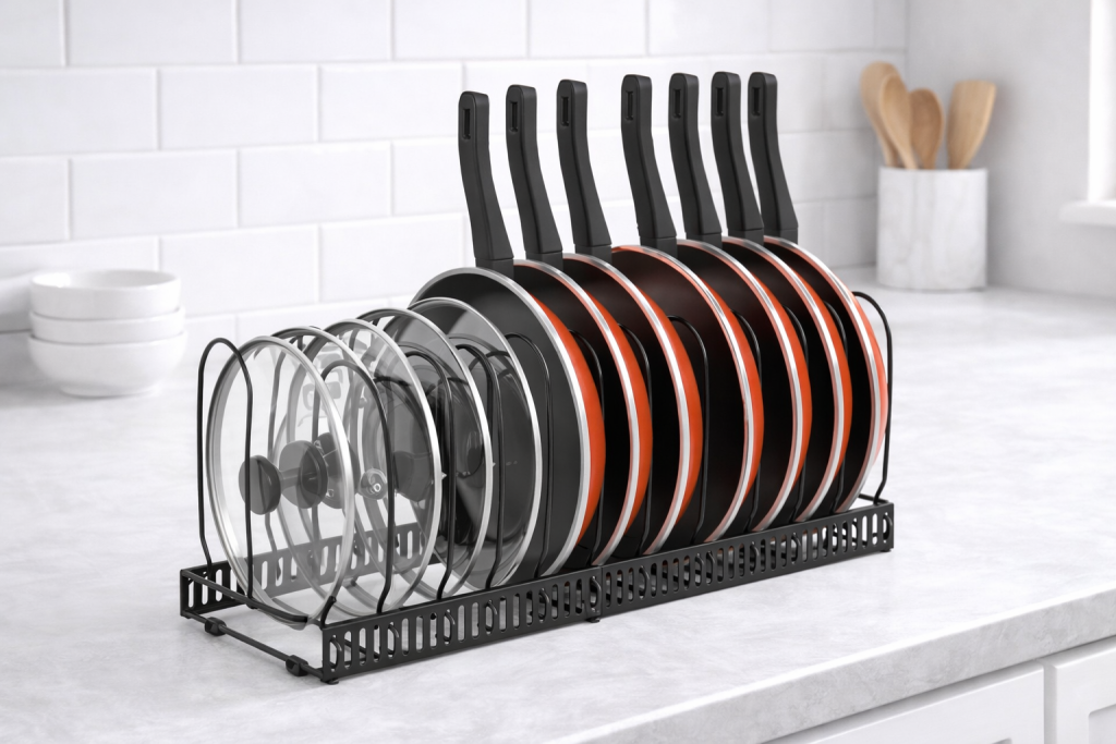 Adjustable Pot and Pan Organizer Rack for Kitchen Cabinet Storage Adjustable pot and pan organizer rack holding frying pans and lids on a clean white kitchen countertop for cabinet storage organization