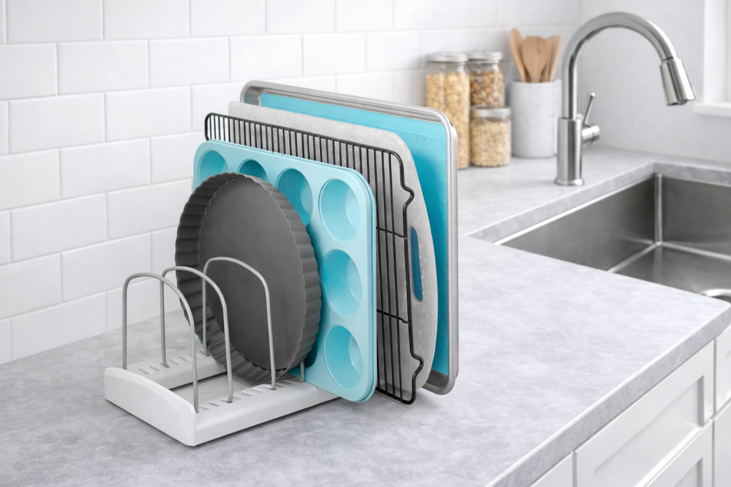 Bakeware Organizer Rack for Vertical Pan and Lid Storage Bakeware organizer rack holding muffin pans, baking sheets, and cooling racks on a clean kitchen countertop near a sink for kitchen organization
