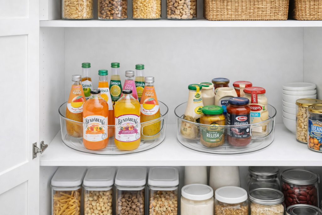 Lazy Susan Turntable Organizer for Pantry Cabinet Storage Clear lazy susan turntable organizers holding pantry sauces and drinks inside a neatly organized kitchen cabinet pantry