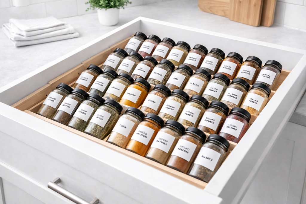 Expandable Spice Drawer Organizer Insert for Kitchen Storage Expandable spice drawer organizer insert with labeled spice jars neatly arranged inside a white kitchen drawer for easy kitchen organization
