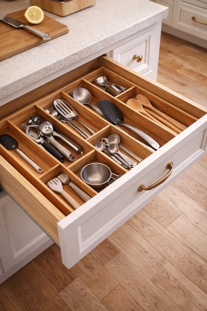 Expandable Bamboo Silverware Drawer Organizer for Kitchen Utensils Expandable bamboo kitchen drawer organizer neatly separating forks, knives, spoons, and utensils inside a clean white kitchen drawer with adjustable compartments