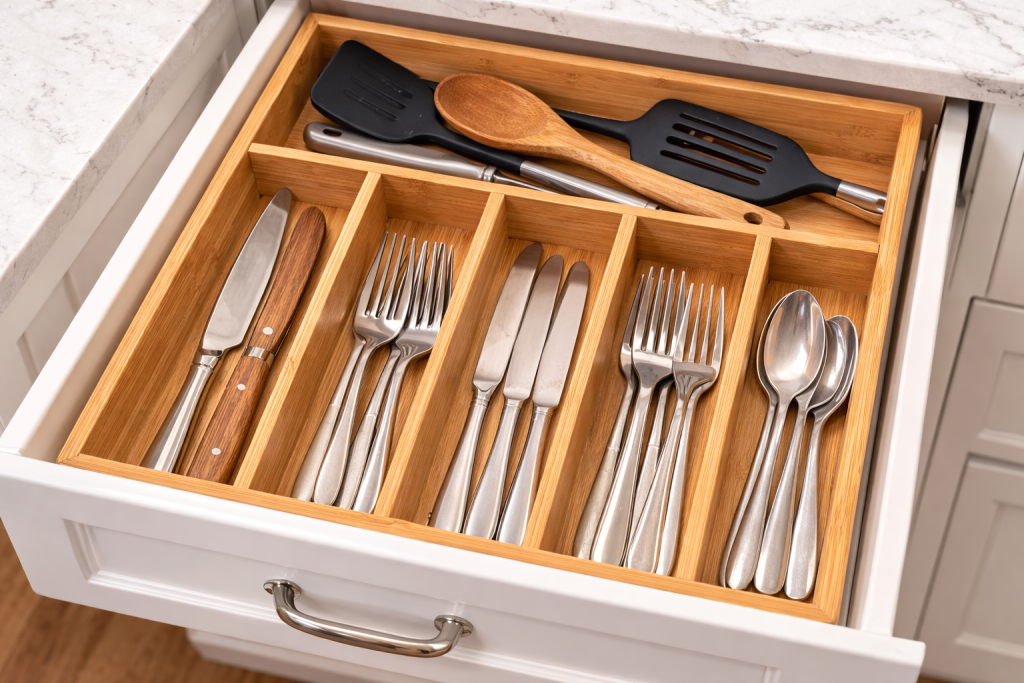 Deep Bamboo Kitchen Drawer Organizer with Horizontal Utensil Storage Deep bamboo kitchen drawer organizer inside a white cabinet drawer with spatulas, serving spoons, and tongs stored horizontally in the top section and forks, knives, and spoons neatly arranged in vertical slots below