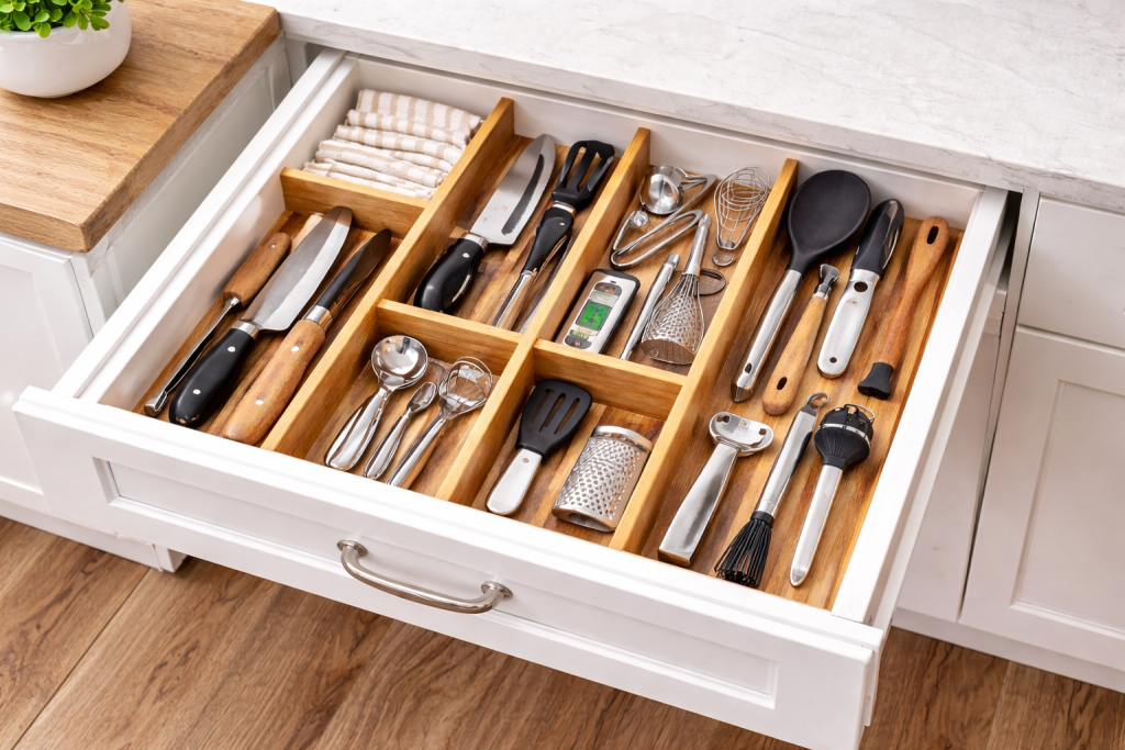 Adjustable Bamboo Kitchen Drawer Dividers for Utensil Organization Kitchen drawer organized with adjustable bamboo drawer dividers separating utensils, knives, spatulas, measuring spoons, and kitchen tools inside a clean white cabinet drawer with light wood flooring and a floating countertop