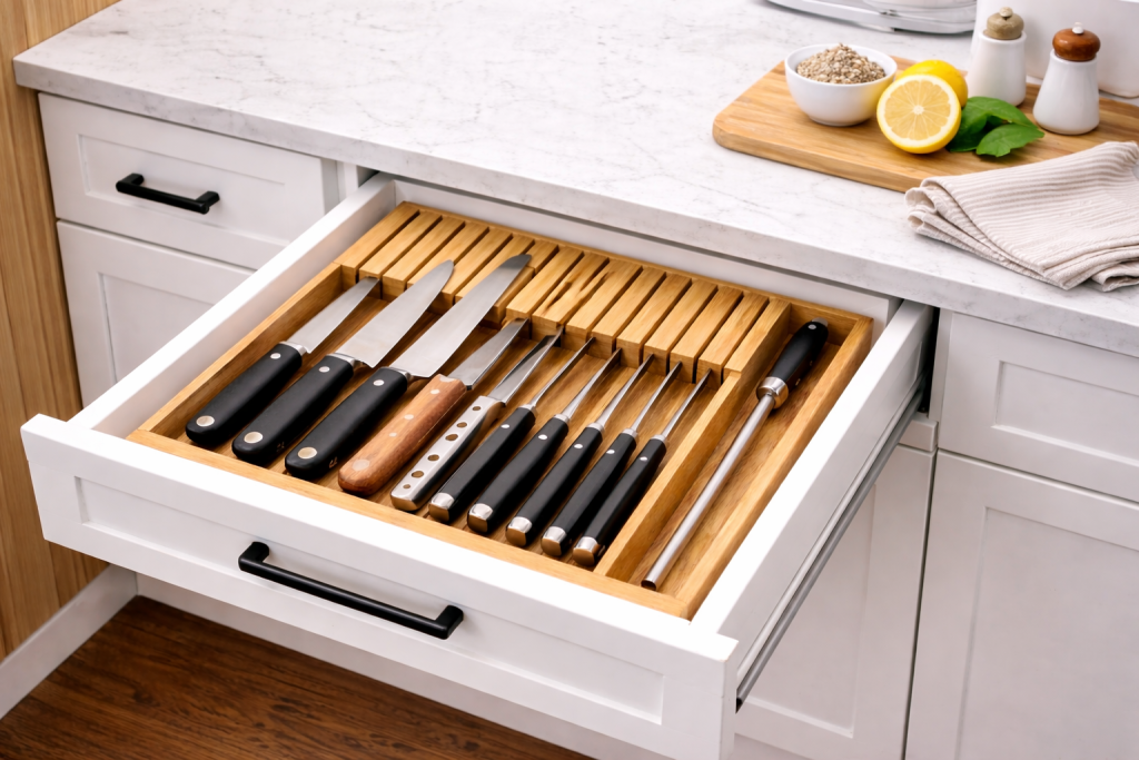 Bamboo Knife Drawer Organizer for Safe Kitchen Knife Storage Bamboo knife drawer organizer neatly storing chef knives and kitchen knives inside a partially open white kitchen drawer beneath a light countertop in a clean modern kitchen