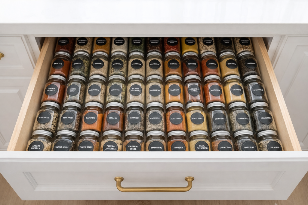 Kitchen spice drawer organizer with rows of glass spice jars stored flat in a bamboo insert inside a white kitchen drawer for easy label reading and organized cooking storage
