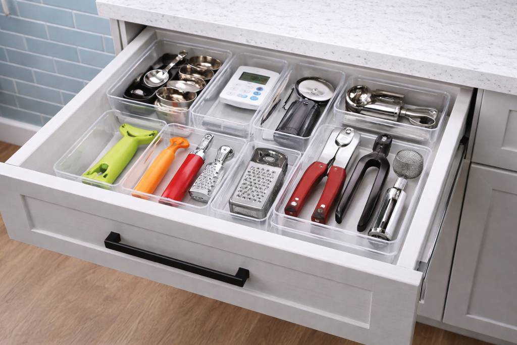Kitchen gadget drawer organizer with clear plastic trays holding peelers, can opener, measuring spoons, grater, and small kitchen tools neatly separated inside a white kitchen drawer