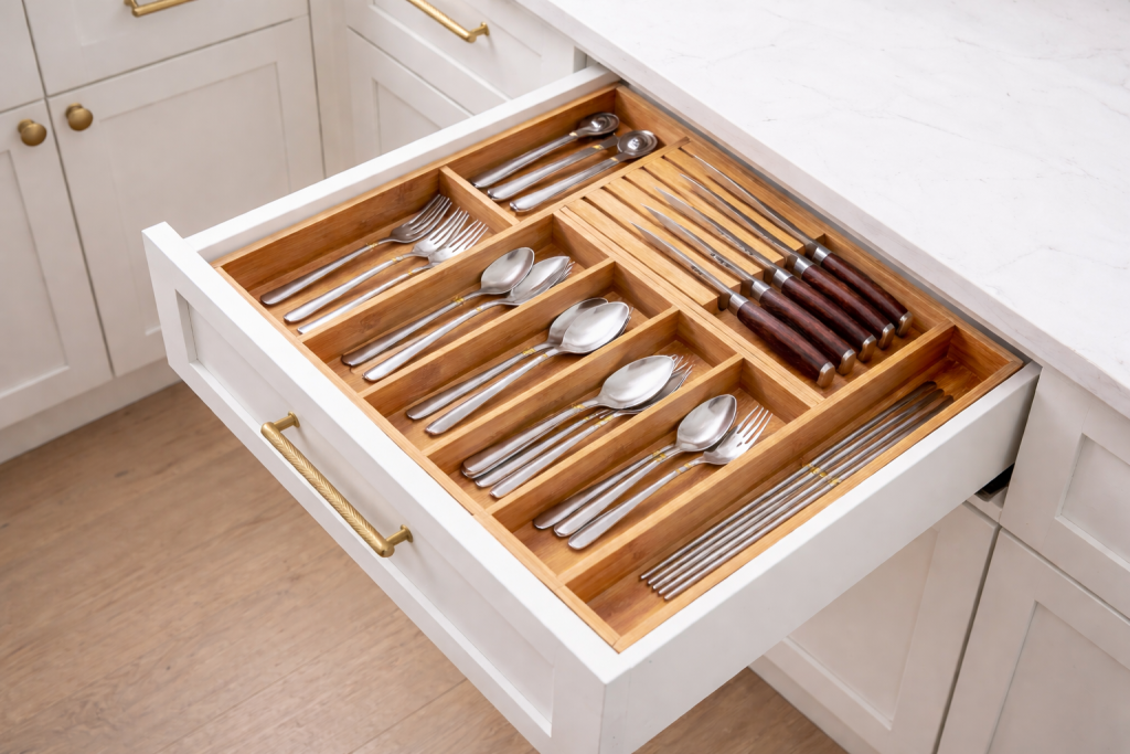 Expandable bamboo silverware drawer organizer neatly separating forks, spoons, knives, and utensils inside a clean white kitchen drawer with a modern minimalist kitchen design