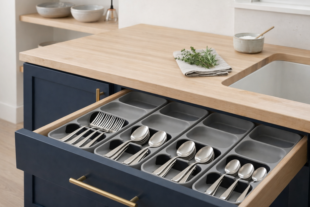 Compact vertical cutlery organizer neatly storing forks, spoons, and knives inside a modern kitchen drawer with a space-saving stacked utensil design