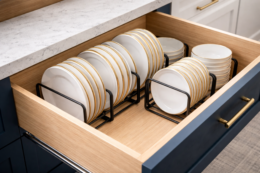 Deep kitchen drawer plate organizer with black metal adjustable racks storing white dinner plates and bowls upright for secure and space-efficient dish storage