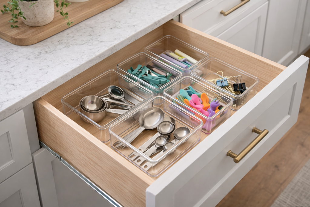 Clear acrylic drawer containers organizing small kitchen items like measuring spoons, bag clips, and silicone ties inside a clean modern kitchen drawer