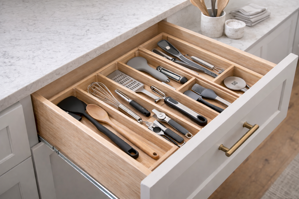 Expandable bamboo kitchen tool organizer neatly storing spatulas, whisks, peelers, and cooking utensils inside a clean modern kitchen drawer
