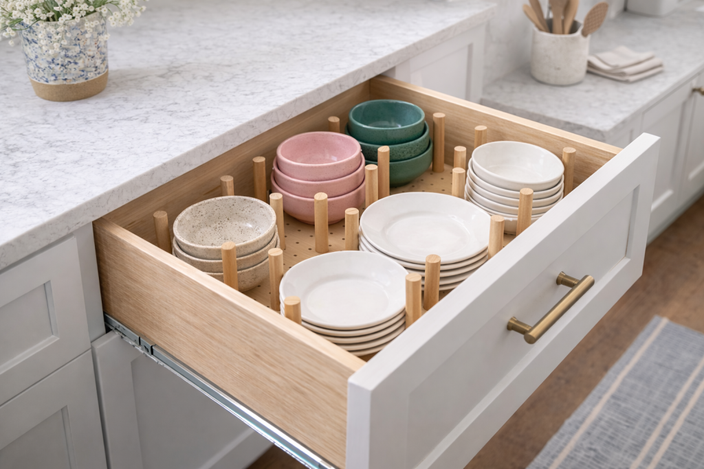 Deep kitchen drawer with adjustable wooden peg board organizer holding colorful ceramic bowls and plates neatly separated for secure dish storage