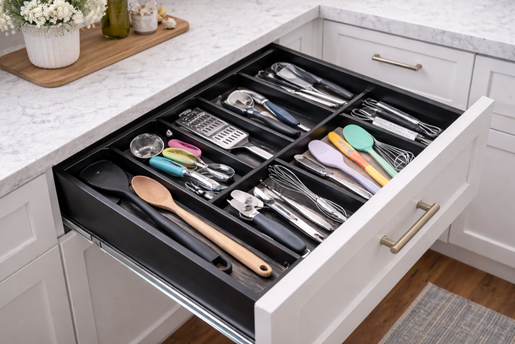 Modern kitchen drawer with black multi-compartment organizer holding colorful cooking utensils like spatulas, whisks, and measuring tools neatly separated