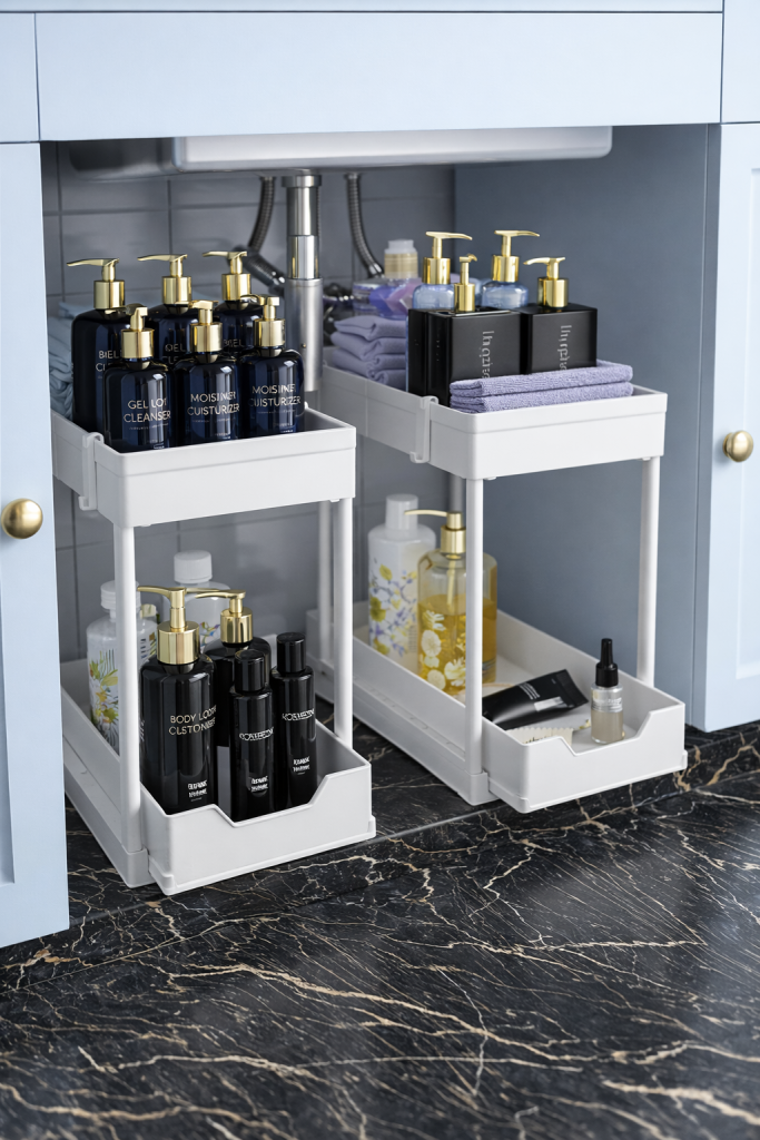 Two-tier sliding under sink organizer storing cleaning supplies and bottles in a neatly organized bathroom cabinet