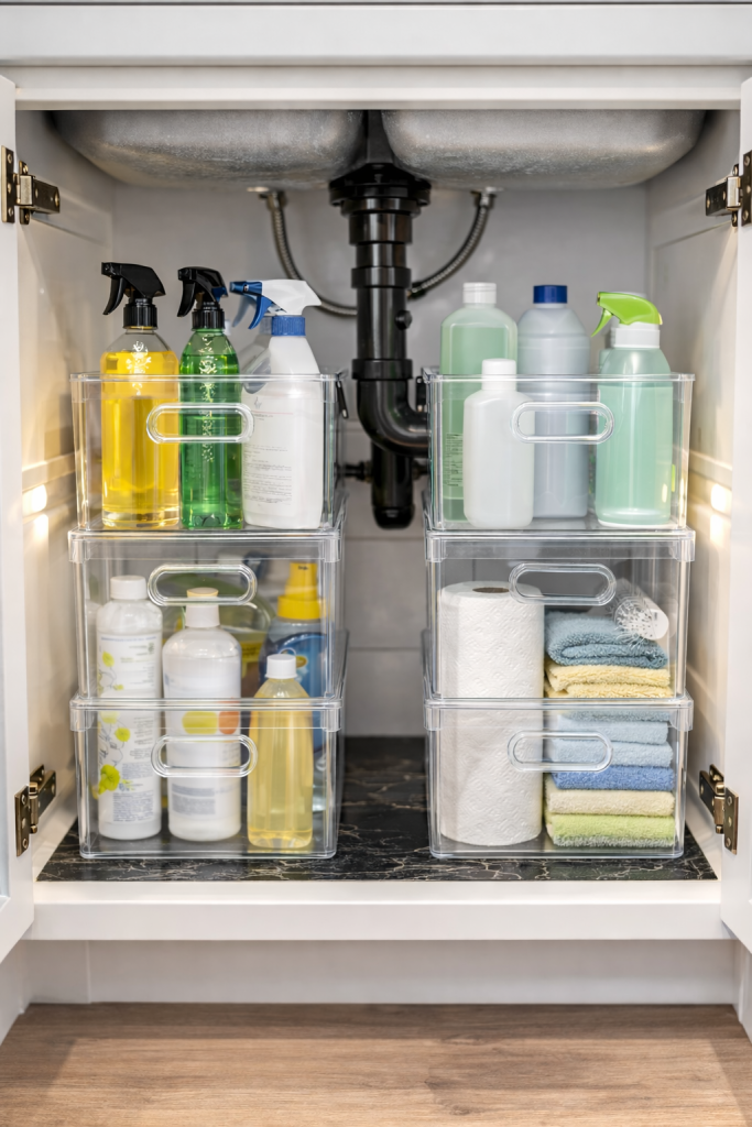 Stackable clear under sink storage bins organizing cleaning supplies and household items inside a neatly arranged bathroom cabinet