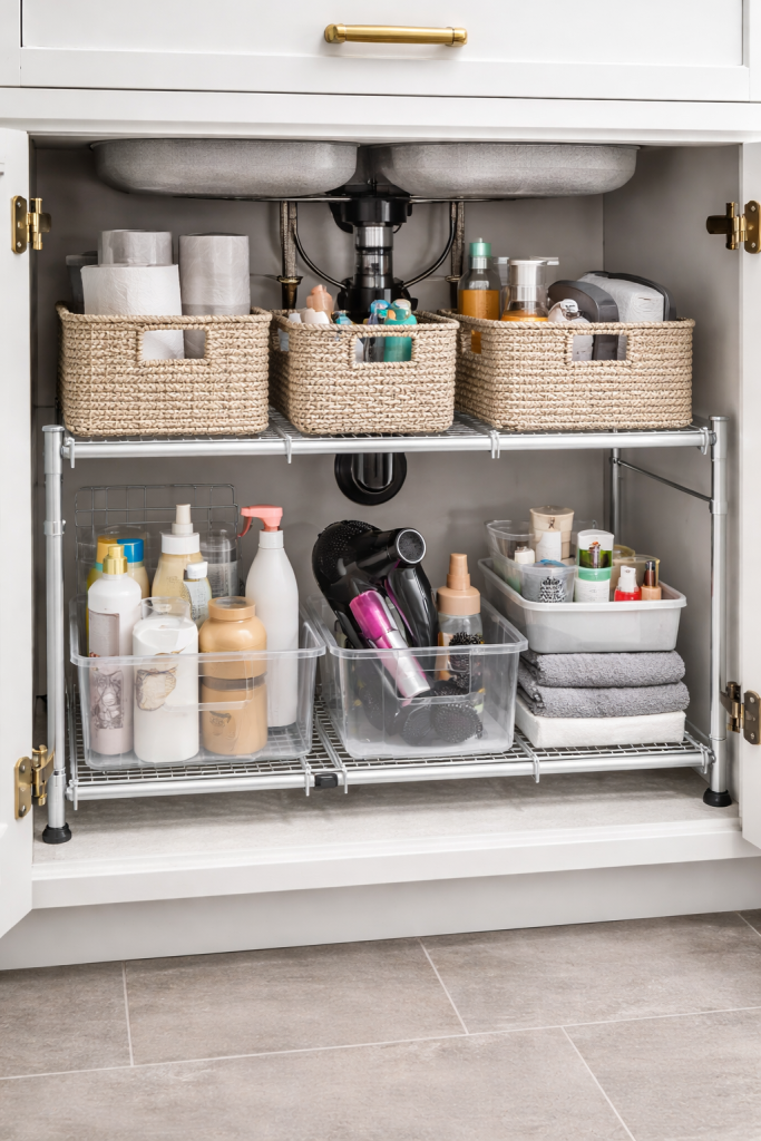 Expandable under sink metal shelf organizer creating two storage levels around plumbing with baskets and bins neatly organizing bathroom cabinet items