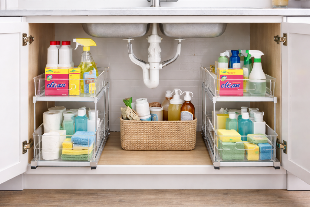 Clear pull-out under sink storage drawers organizing kitchen cleaning supplies on both sides of a wide cabinet around white plumbing