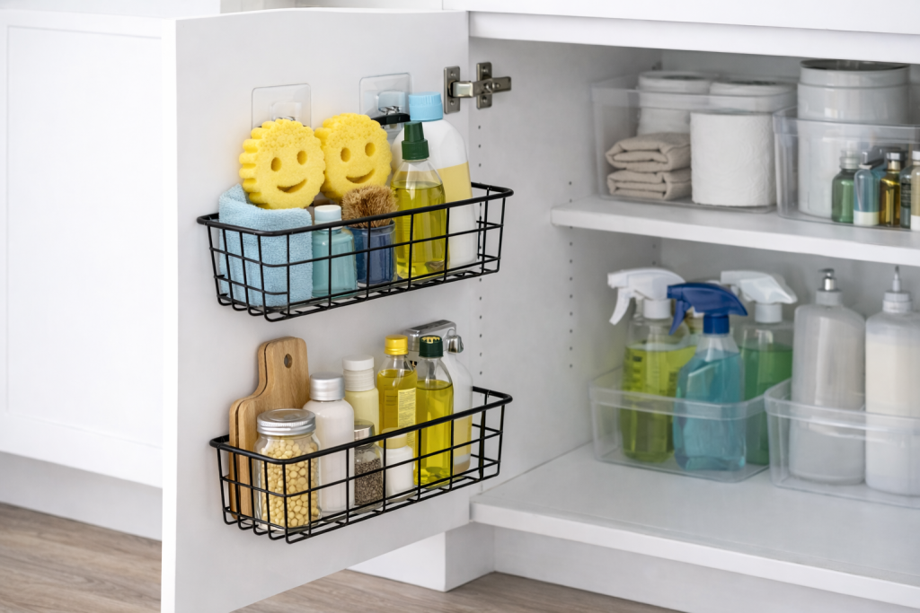 Black wire cabinet door storage baskets holding kitchen cleaning supplies and sponges to keep small items organized under the sink