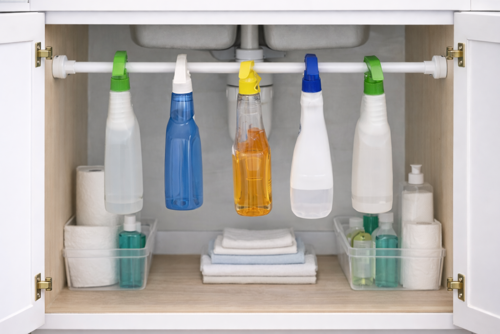 Under sink tension rod holding spray bottles by trigger handles to organize cleaning supplies and free cabinet shelf space