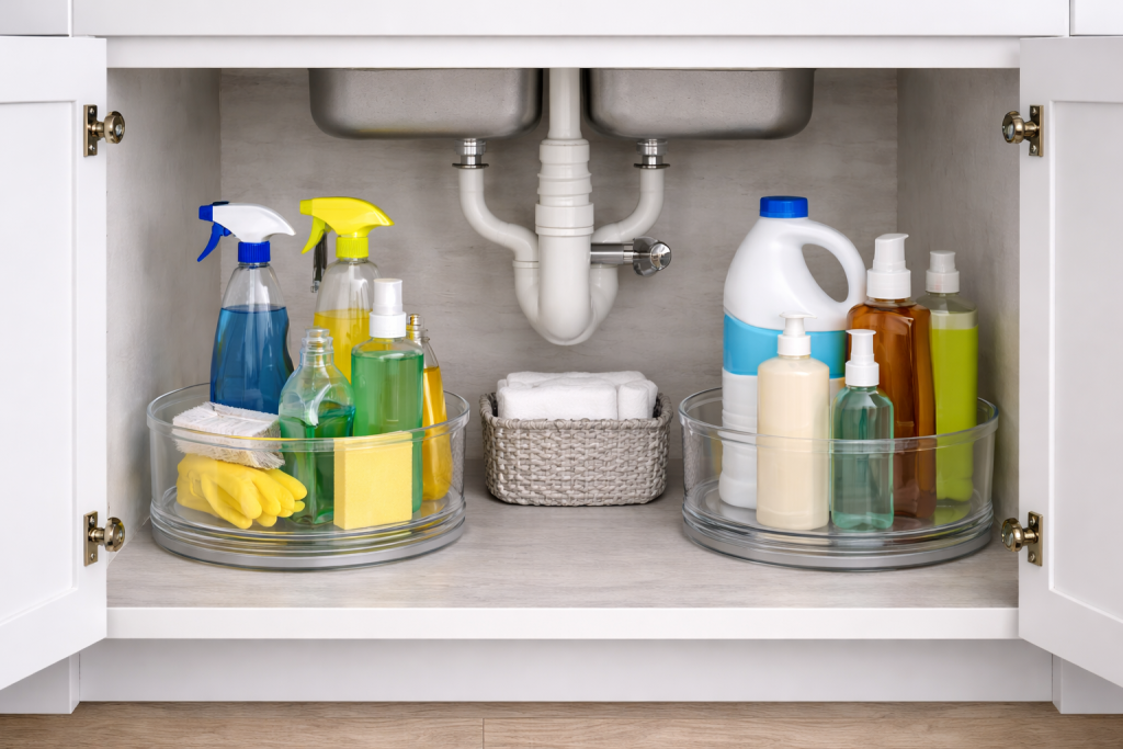 Clear rotating lazy Susan organizers storing kitchen cleaning supplies under sink to keep corner items visible and easy to access
