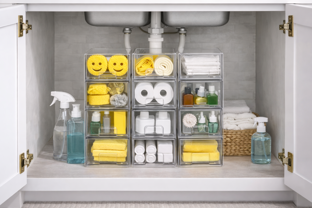 Clear drawer organizer containers neatly organizing small kitchen cleaning supplies under the sink for easy visibility and access