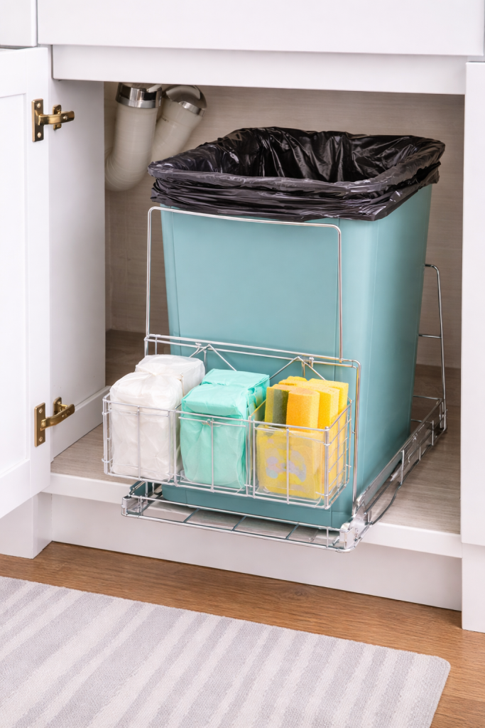 Pull-out under sink trash can organizer with built-in bag holder keeping garbage bags and cleaning supplies neatly stored and accessible