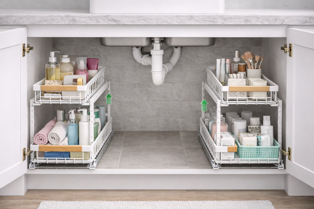 Multi-tier sliding basket organizers on both sides of a bathroom sink storing toiletries and supplies to maximize deep cabinet space