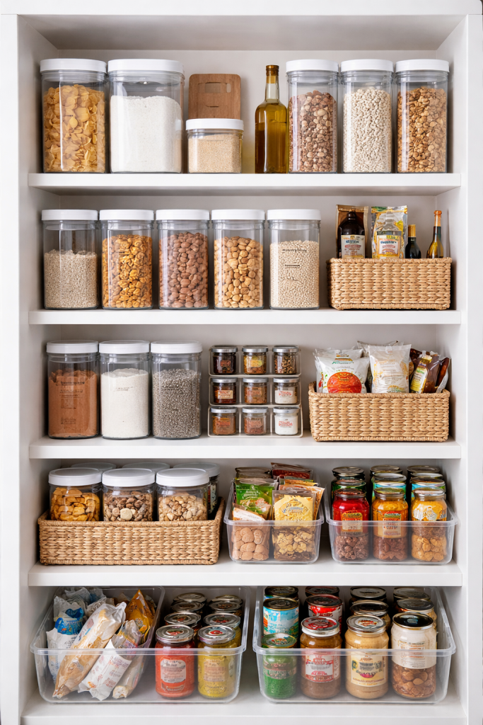 Beautifully organized pantry shelf with clear airtight containers storing flour, rice, pasta and dry goods in a minimalist white pantry design.