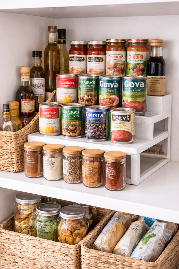 Pantry shelf with tiered shelf risers organizing spices, jars and small pantry items for better visibility and space saving storage.