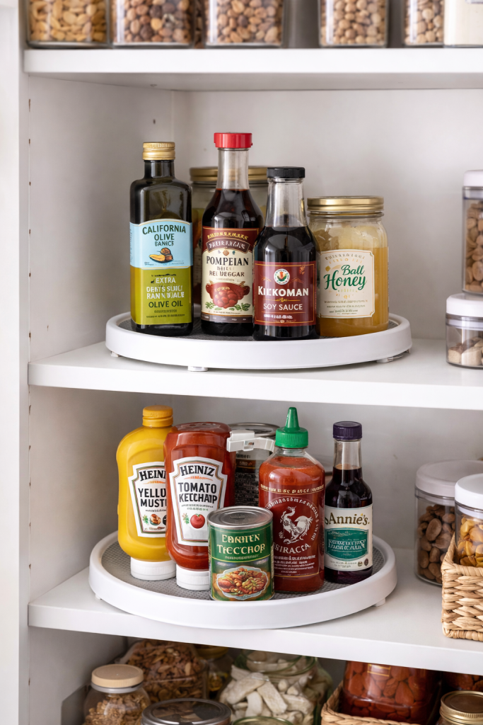 Two tier lazy susan turntable organizer holding oils, sauces and condiments inside a neatly organized pantry shelf.