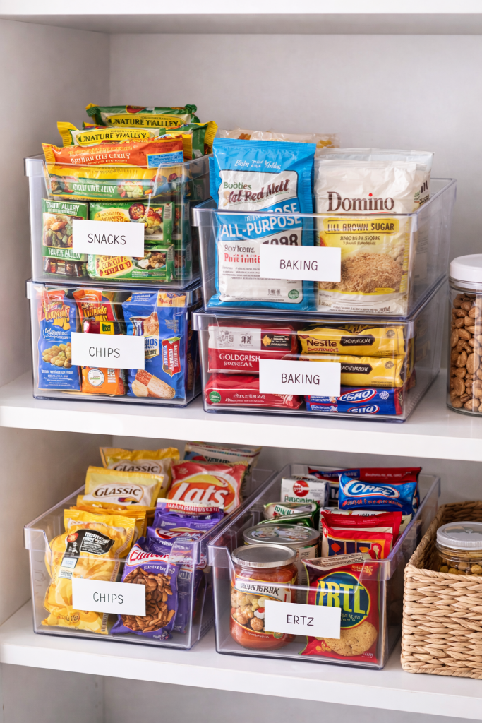 Stackable clear pantry storage bins organizing snacks, packets and dry goods on white pantry shelves.