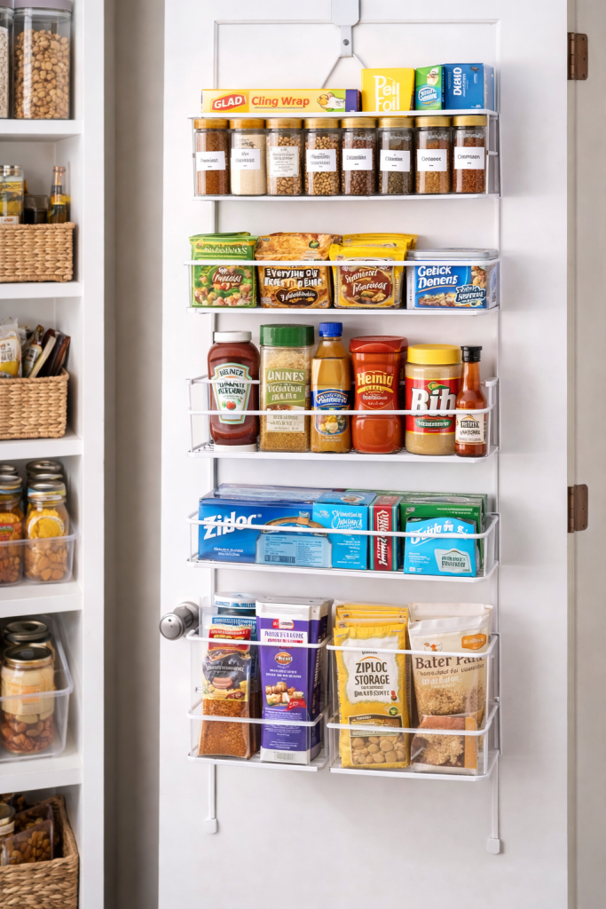 Over the door pantry storage rack holding spices, snacks and condiments for maximizing small pantry space.