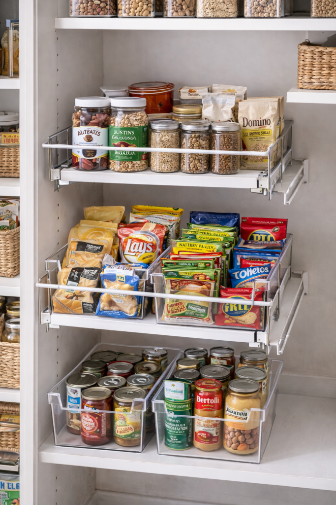 Pull out pantry drawers with sliding baskets organizing snacks, canned goods and pantry staples for easy access.