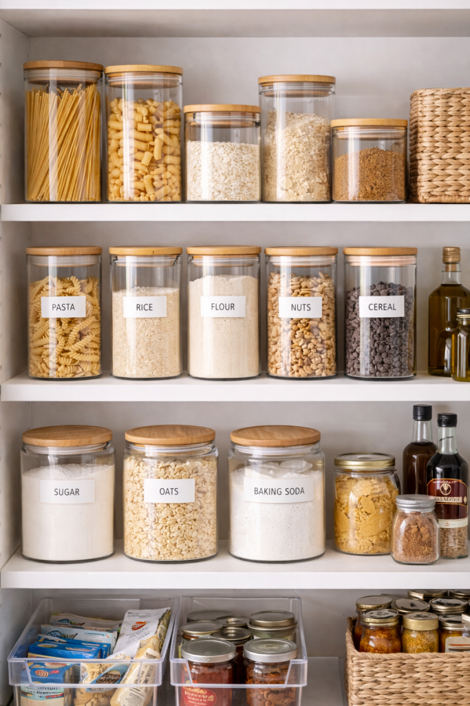 Glass airtight food storage jars with bamboo lids storing pasta, rice, oats and flour on organized pantry shelves.
