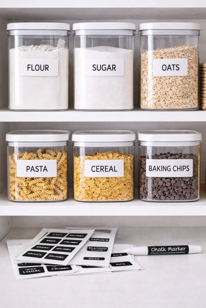 Clear labeled pantry containers storing flour, sugar, oats and cereal in a clean organized pantry system.