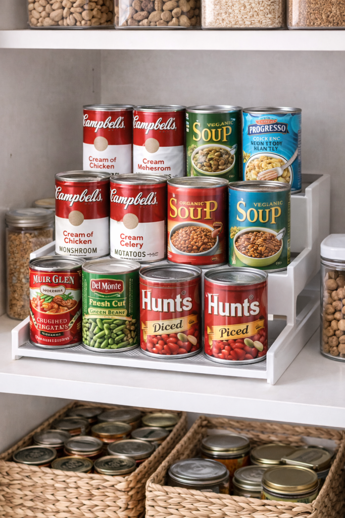 Tiered pantry can organizer displaying canned soup, vegetables and tomato sauce for easy visibility and storage.