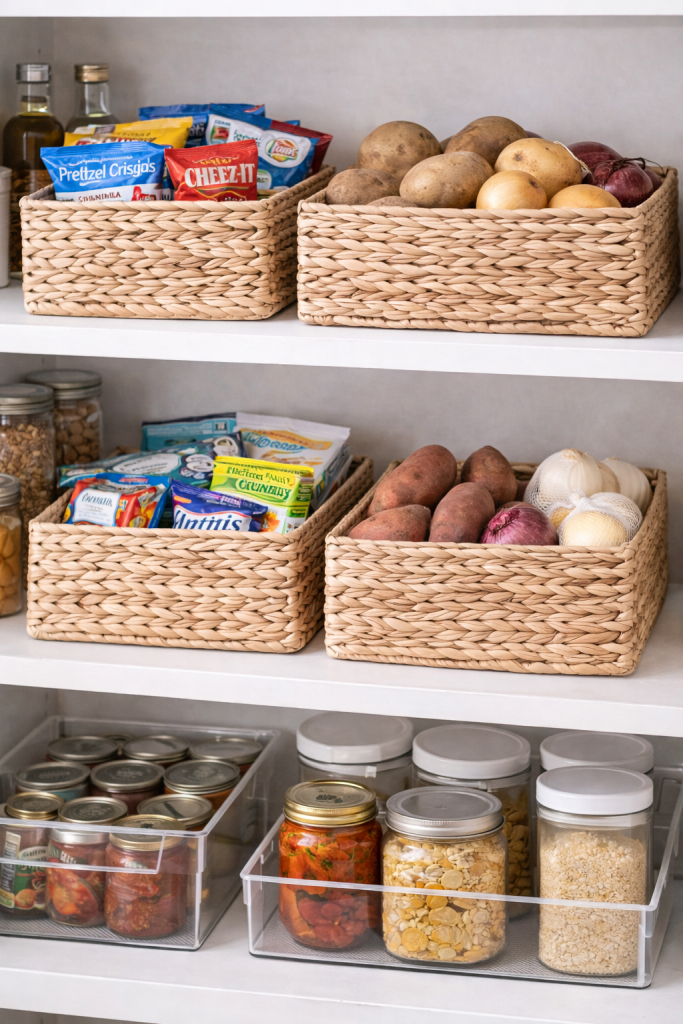 Woven pantry storage baskets organizing snacks, potatoes and onions on minimalist white pantry shelves.